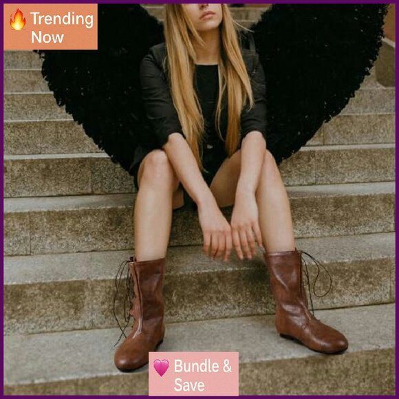 Vintage Lace-Up Ankle Boots Women's Size 7 PU Leather Flat Heel - Picture 4 of 8